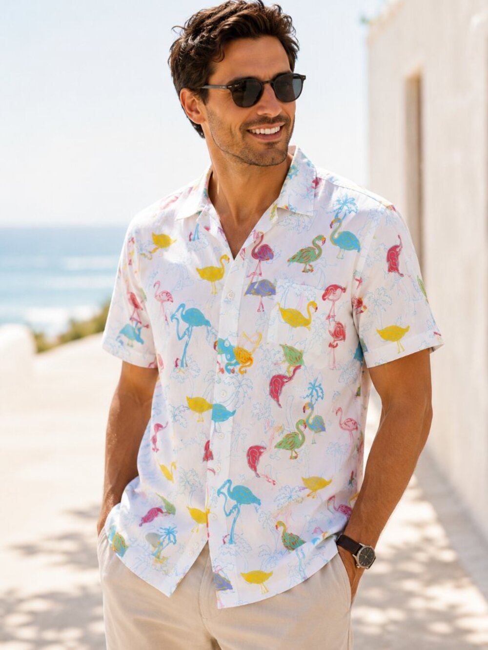 Fresh Produce Flamingo Print Shirt USA Made Size M Coastal Beach Tropical